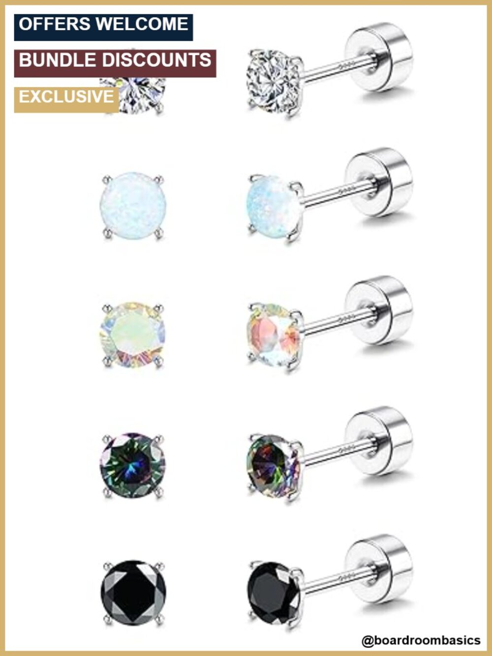 5 Pairs 925 Sterling Silver Flatback Stud Earrings CZ Opal Hypoallergenic